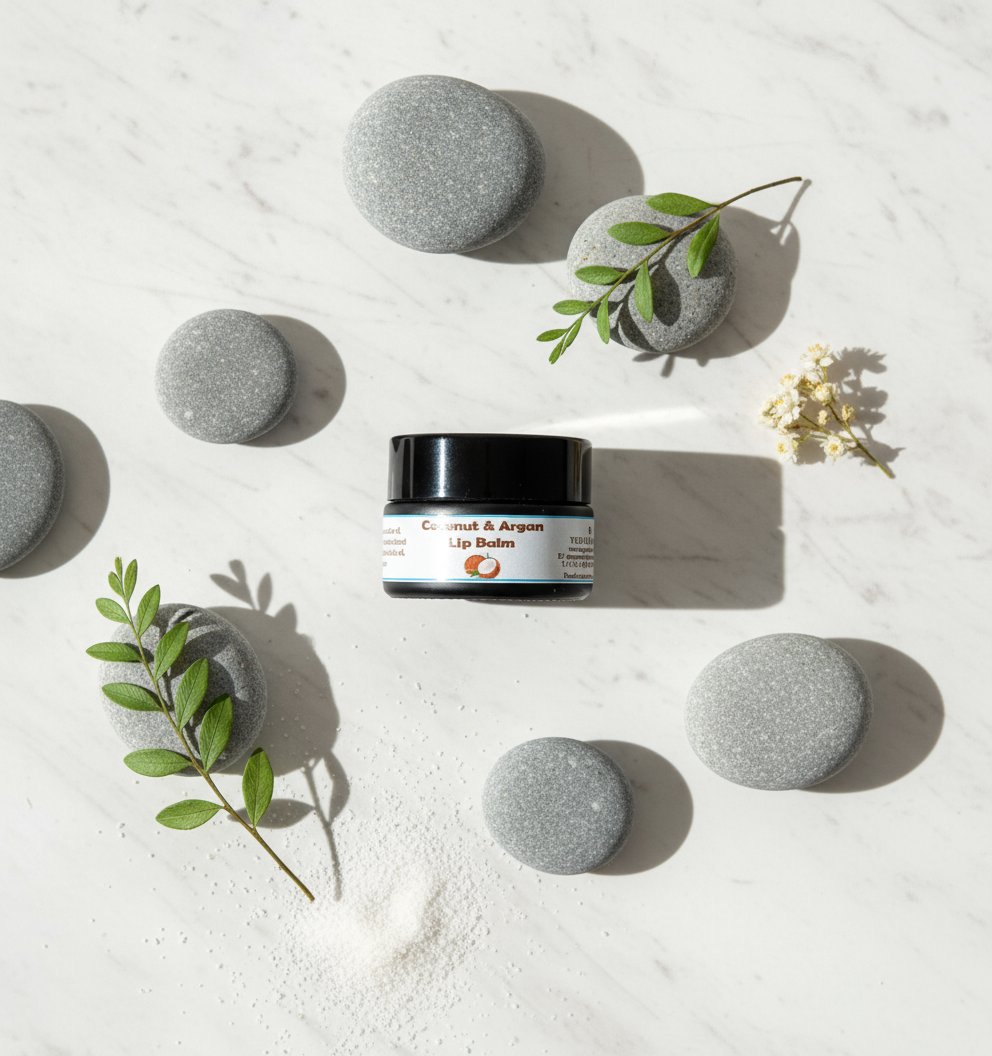 Argan & Coconut Lip Balm in minimalist elegant setting